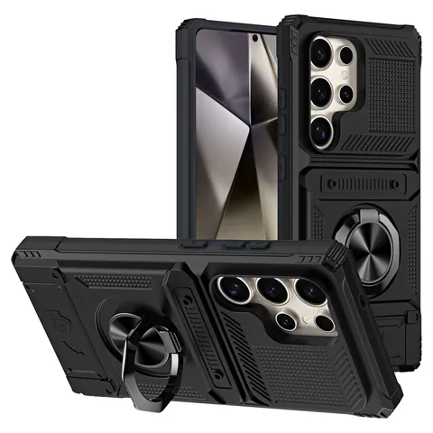 Heavy Duty Shockproof Armor Phone Case With Ring Kickstand Card Slot Magnetic Car Mount Protective Back Cover For Samsung Galaxy Ultra Series