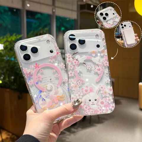 Magnetic Phone Case Transparent Shockproof Floral Back Cover Laser Holographic Protective Shell For iPhone Series