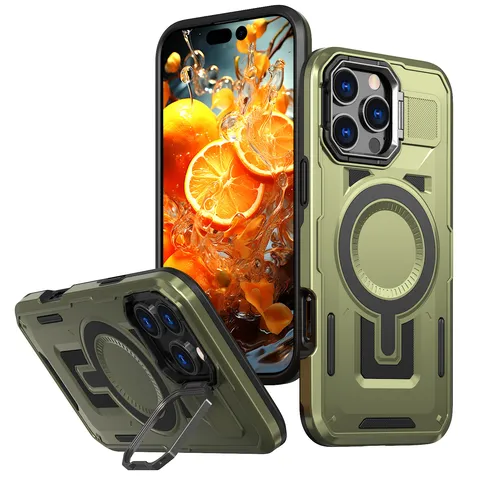 Funda de Teléfono Antigolpes con Absorción Magnética y Soporte de Metal Plegable Cubierta Trasera Protectora para iPhone