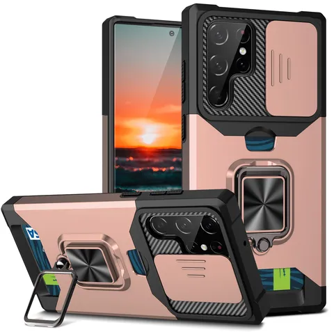 Funda Blindada Contra Golpes para Teléfono Con Protector de Cámara Deslizante Soporte de Anillo Ranura de Tarjeta para Samsung Galaxy S25 Ultra S24 Plus