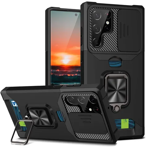 Funda Blindada Contra Golpes para Teléfono Con Protector de Cámara Deslizante Soporte de Anillo Ranura de Tarjeta para Samsung Galaxy S25 Ultra S24 Plus
