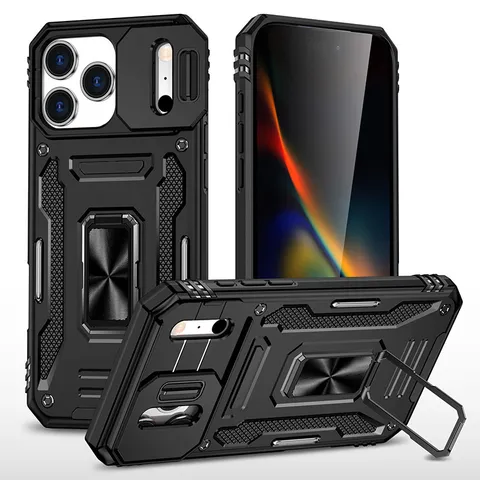 Rugged Anti Drop Protective Phone Case With Ring Kickstand Camera Slide Cover Heavy Duty Shockproof Shell For Apple iPhone