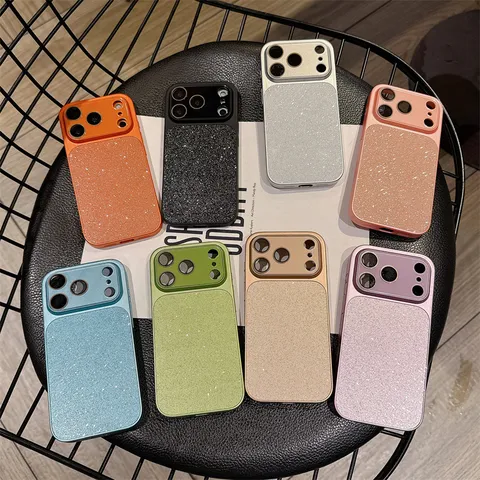 Trendy Glitter Faux Leather Phone Case Full Coverage Large Window Camera Lens Shockproof Protective Cover For iPhone Series