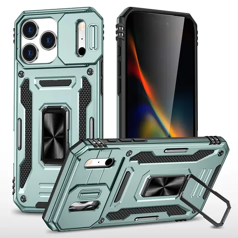 Rugged Anti Drop Protective Phone Case With Ring Kickstand Camera Slide Cover Heavy Duty Shockproof Shell For Apple iPhone