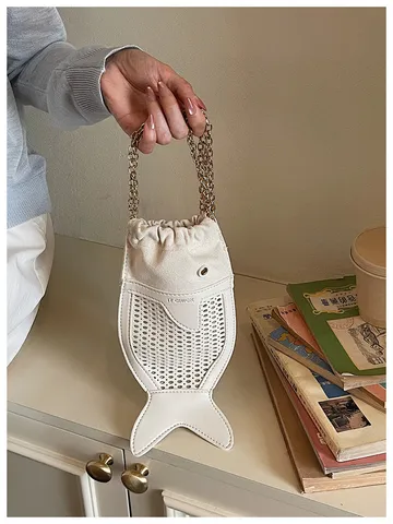 Women's Fashion Retro Hollow Goldfish Design Crossbody Bag PU Leather Canvas Patchwork Chain Shoulder Phone Bag