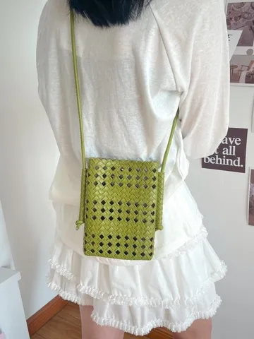 Women Fashion Woven Hollow Crossbody Bag PU Leather Solid Color Small Shoulder Bag Daily Commuter Handbag