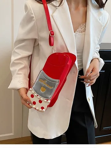 Creative Lipstick Shape PU Leather Women Crossbody Bag Pearl Polka Dot Shoulder Bag Sweet Embroidered Messenger Bag