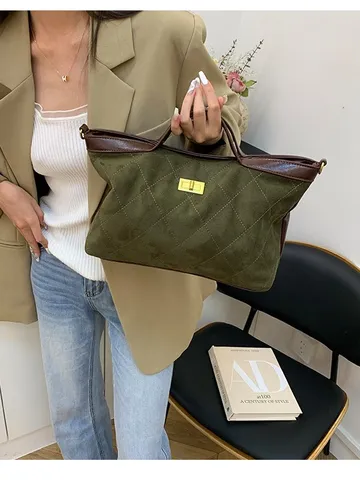Vintage Quilted Shoulder Bag For Women Large Capacity PU Leather Tote Bag Luxury Twist Lock Handbag Casual Commuter Bag