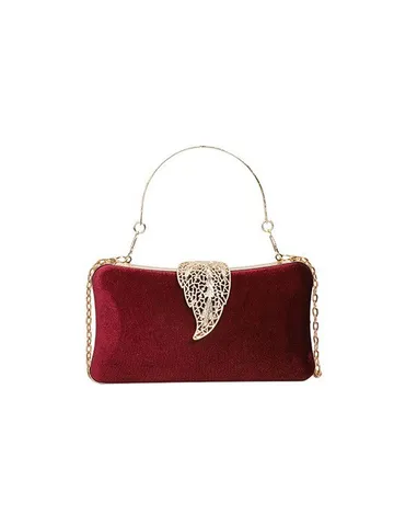 Women Velvet Evening Bag Metallic Chain Crossbody Bag Hollow Out Leaf Lock Clutch Elegant Party Shoulder Handbag