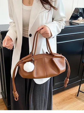 Women Fashion Handbag Nappa PU Leather Dumpling Bag Drawstring Cloud Bag Pleated Casual Tote Bag with Plush Ball Pendant