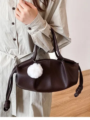 Women Fashion Handbag Nappa PU Leather Dumpling Bag Drawstring Cloud Bag Pleated Casual Tote Bag with Plush Ball Pendant