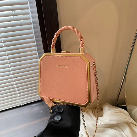 Women PU Leather Top Handle Crossbody Bag Fashion Geometric Box Bag Elegant Chain Shoulder Bag Daily Chic Handbag
