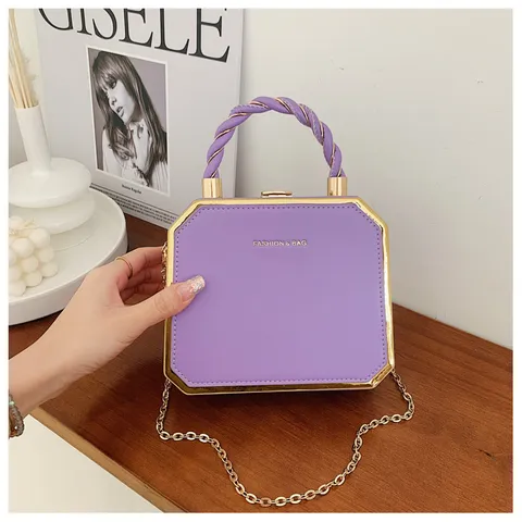 Women Fashion PU Leather Box Bag Twist Handle Chain Crossbody Bag Chic Top Handle Handbag