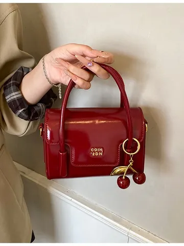 Women Fashion Retro PU Leather Handbag Small Square Bag Top Handle Satchel Bag With Pendant