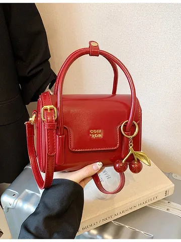 Women Fashion Retro PU Leather Handbag Small Square Bag Top Handle Satchel Bag With Pendant