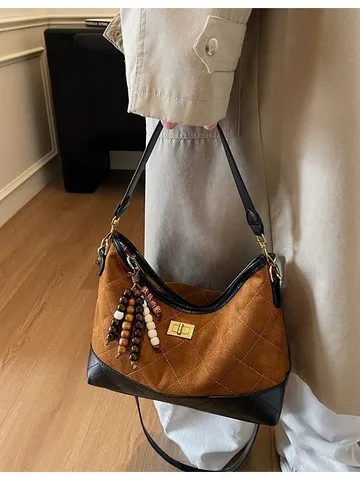 Women Retro Quilted Velvet Underarm Bag Patchwork Chain Shoulder Bag Fashion Hobo Bag Luxury Design Ladies Handbag