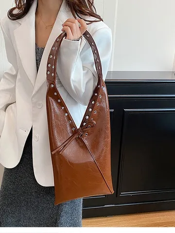 Women's Retro PU Leather Shoulder Bag Autumn Winter Tote Bag Fashion Commuter Underarm Bag With Metal Eyelets