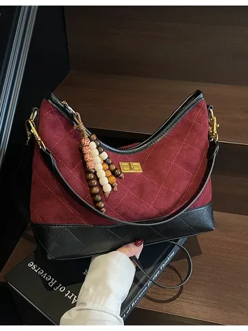 Women Retro Quilted Velvet Underarm Bag Patchwork Chain Shoulder Bag Fashion Hobo Bag Luxury Design Ladies Handbag