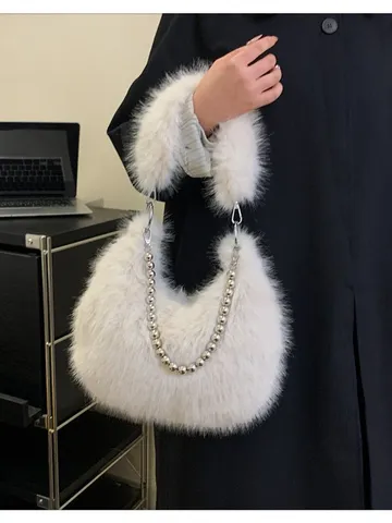 Faux Fox Fur Underarm Bag Plush Shoulder Handbag Fluffy Winter Tote Bag With Pearl Chain For Women