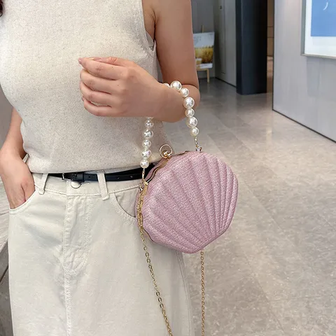Women Fashion Shell Evening Bag Acrylic Glitter Crossbody Bag Pearl Handle Handbag Metal Chain Shoulder Bag