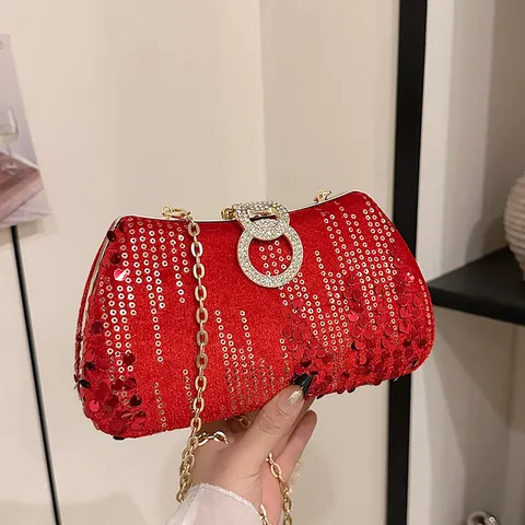 Women Sequin Evening Bag Rhinestone Ring Lock Clutch Purse Sparkly Glitter Party Crossbody Chain Shoulder Bag