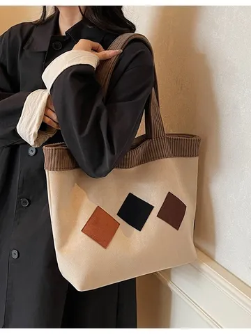 Women Large Capacity Tote Bag Casual Color Block Shoulder Bag Corduroy Suede Patchwork Shopper Bag Daily Commute