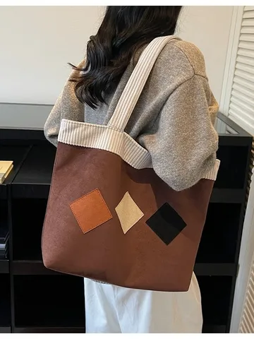 Women Large Capacity Tote Bag Casual Color Block Shoulder Bag Corduroy Suede Patchwork Shopper Bag Daily Commute