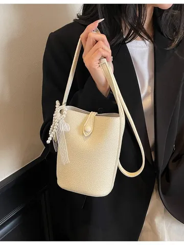 Korean Fashion Women Crossbody Bag PU Leather Solid Color Bucket Bag With Pearl Bow Daily Shoulder Bag