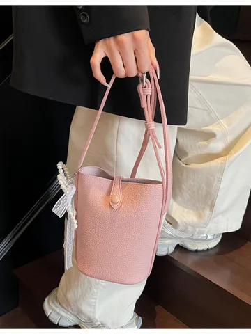 Korean Fashion Women Crossbody Bag PU Leather Solid Color Bucket Bag With Pearl Bow Daily Shoulder Bag