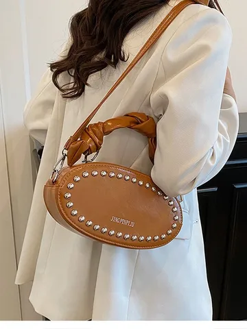 Women PU Leather Crossbody Bag Chic Heart Shaped Shoulder Bag With Metal Rivets Cloud Pleated Handle Underarm Bag