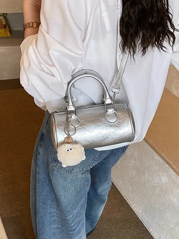 Women Boston Bag PU Leather Fashion Casual Handbag Solid Color Crossbody Bag Cute Plush Pendant Commute Shoulder Bag