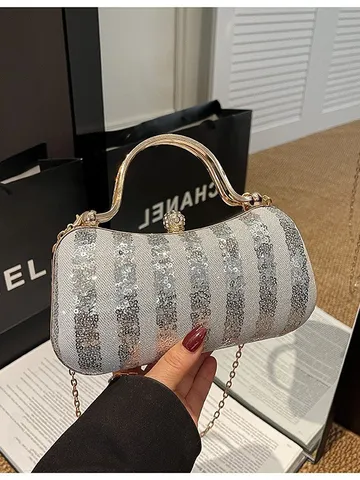 Women's Sequin Evening Bag Elegant Metallic Handle Crossbody Bag Luxury Party Clutch Purse Metallic Chain Shoulder Handbag
