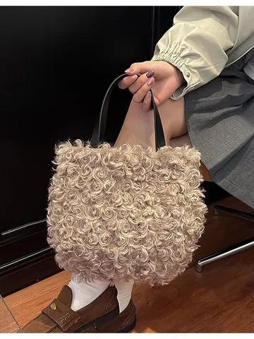 Women Fashion Plush Tote Bag Cute Curly Fleece Bucket Bag Casual Versatile Small Handbag Autumn Winter Daily Purse