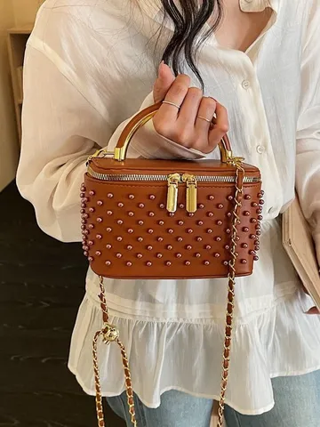 Women's Pearl Handbag PU Leather Crossbody Bag Fashion Casual Chain Shoulder Bag Small Square Box Bag Daily Elegant Purse