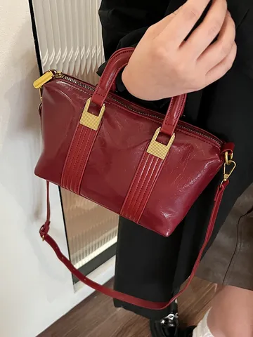 Women PU Leather Retro Boston Handbag Fashion Solid Color Casual Commuter Shoulder Bag Daily Top Handle Bag