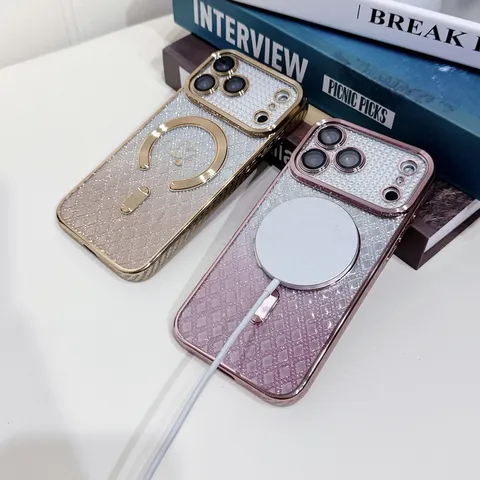 Gradient Glitter Rhombus Heart Phone Case For iPhone Magnetic Shockproof Frosted PC Protective Cover