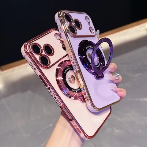 Electroplated Side Love Heart CD Texture Magnifier Bracket Phone Case Drop-Proof Silicone Protective Cover