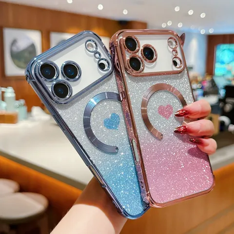 Gradient Glitter Silicone Phone Case With Magnetic Ring Cute Heart Pattern Protective Cover For Apple iPhone
