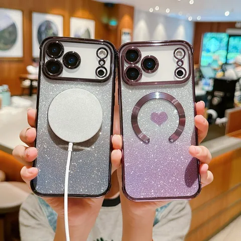Gradient Glitter Silicone Phone Case With Magnetic Ring Cute Heart Pattern Protective Cover For Apple iPhone
