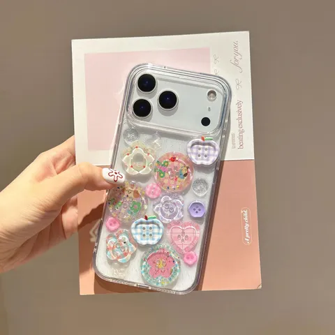 Transparent Acrylic Phone Case With 3D Floral Heart Button Resin Charms Drop-Proof Protective Cover For iPhone Series