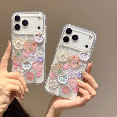 Transparent Acrylic Phone Case With 3D Floral Heart Button Resin Charms Drop-Proof Protective Cover For iPhone Series