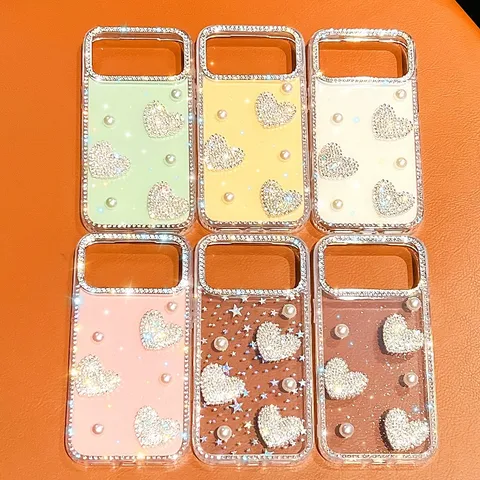 Funda de Lujo IMD Brillante Diamante de Imitación Corazón Para iPhone 17 16 15 14 13 Pro Max Perla Artificial Femenina TPU Funda