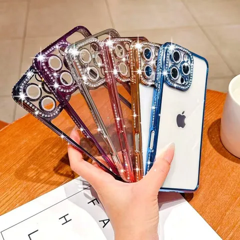 Luxury Luxury Electroplated Silicone Phone Case With Rhinestone Camera Lens Protector Shockproof Full Coverage Protective Shell Cover For iPhone Series
