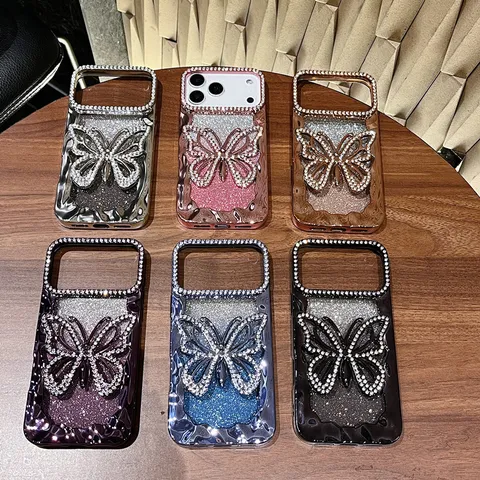 Luxury Rhinestone Butterfly Phone Case For iPhone 17 16 15 Pro Max Gradient Glitter Electroplated Soft Protective Cover Women Gift