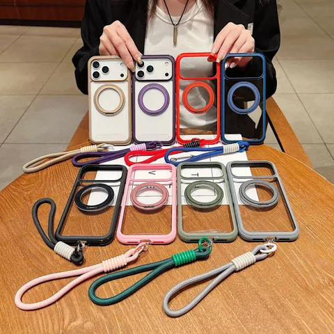 Funda de Teléfono con Anillo Magnético y Soporte Giratorio Anticaídas de TPU Cubierta Posterior Transparente con Correa para iPhone