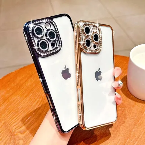 Luxury Luxury Electroplated Silicone Phone Case With Rhinestone Camera Lens Protector Shockproof Full Coverage Protective Shell Cover For iPhone Series