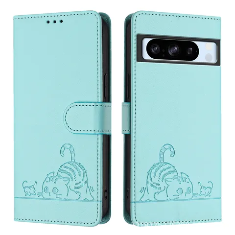 Schattige Cartoon Kat Geprägt PU Leder Flip Portemonnee Telefoonhoesje Met Lanyard RFID Blokkering Kaartsleuven Standaard Beschermhoes Voor Google Pixel