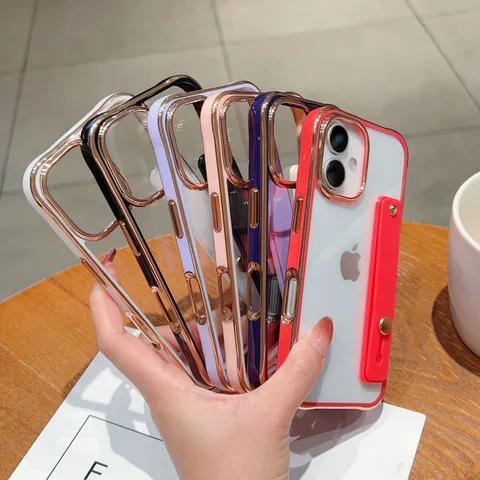 Minimalist Electroplated Acrylic Phone Case With Wrist Strap Kickstand Shockproof Protection For iPhone Series
