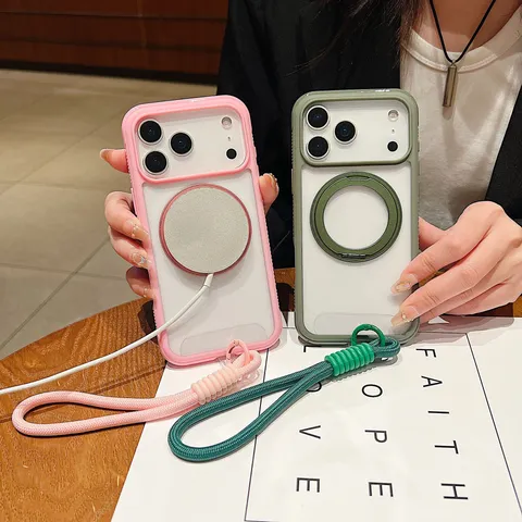 Funda de Teléfono con Anillo Magnético y Soporte Giratorio Anticaídas de TPU Cubierta Posterior Transparente con Correa para iPhone