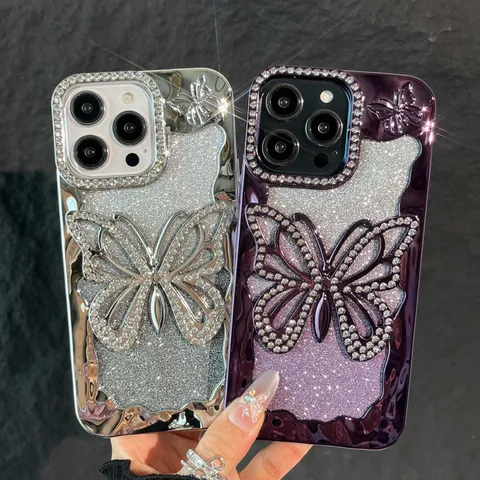 Luxury Rhinestone Butterfly Phone Case For iPhone 17 16 15 Pro Max Gradient Glitter Electroplated Soft Protective Cover Women Gift